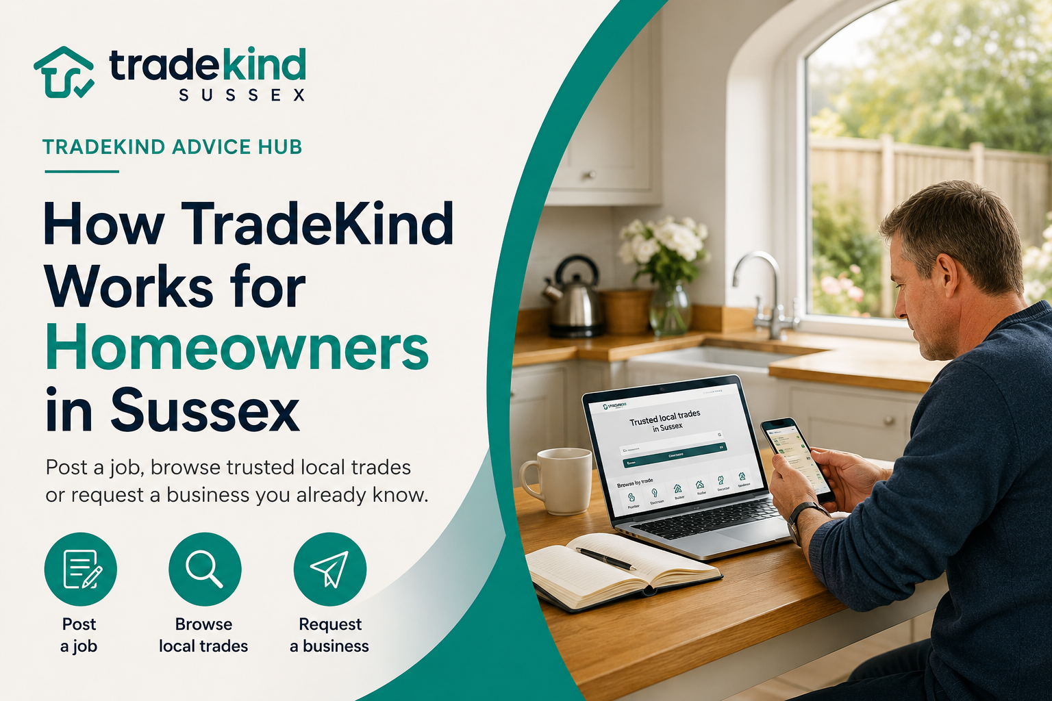 Homeowner reviewing a trade profile on a laptop in a Sussex kitchen